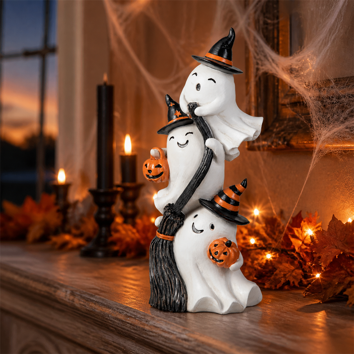 Spécial Halloween – décoration de table avec trois fantômes sorciers empilés, 33 cm