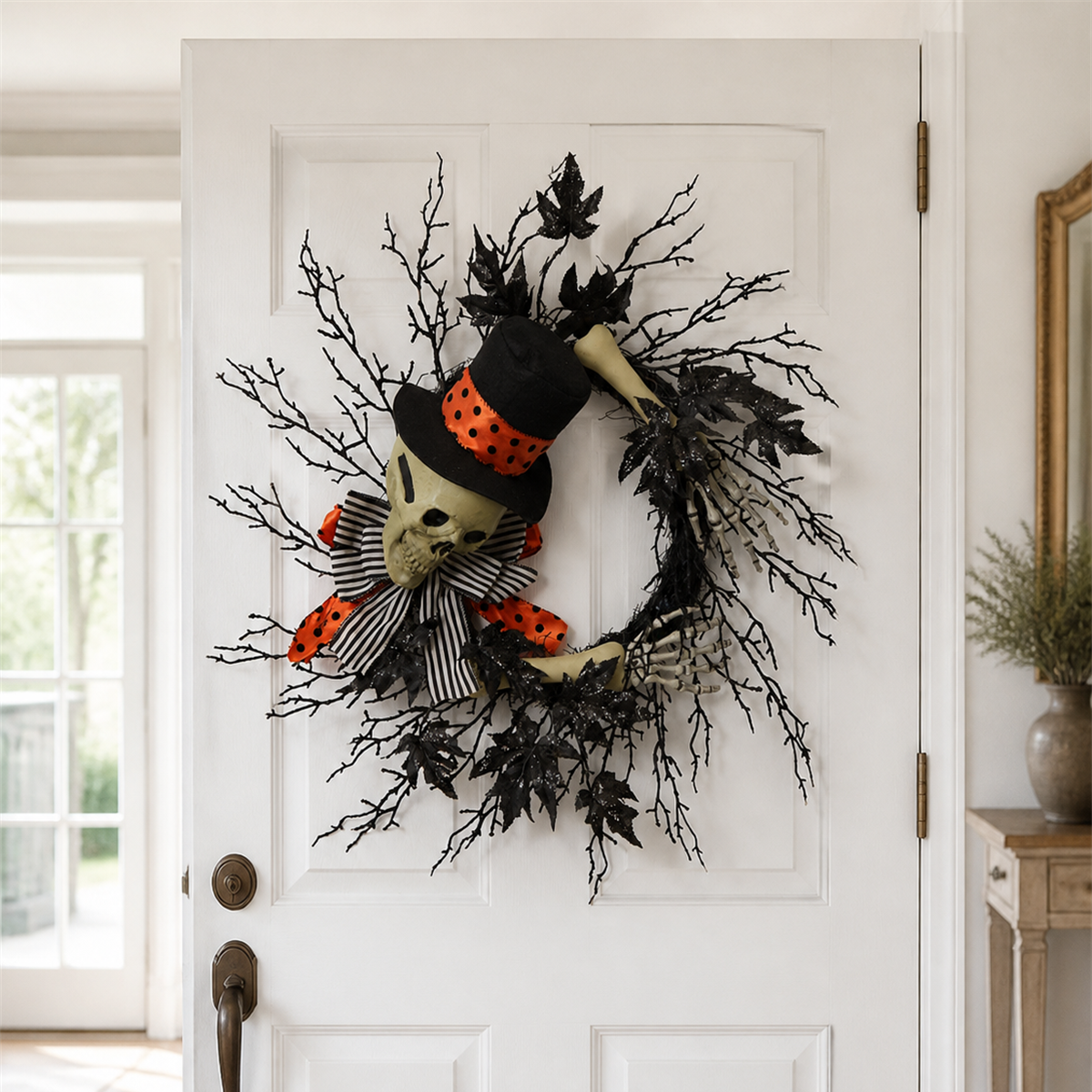 💀 Accueil macabre | Couronne décorative avec squelette élégant