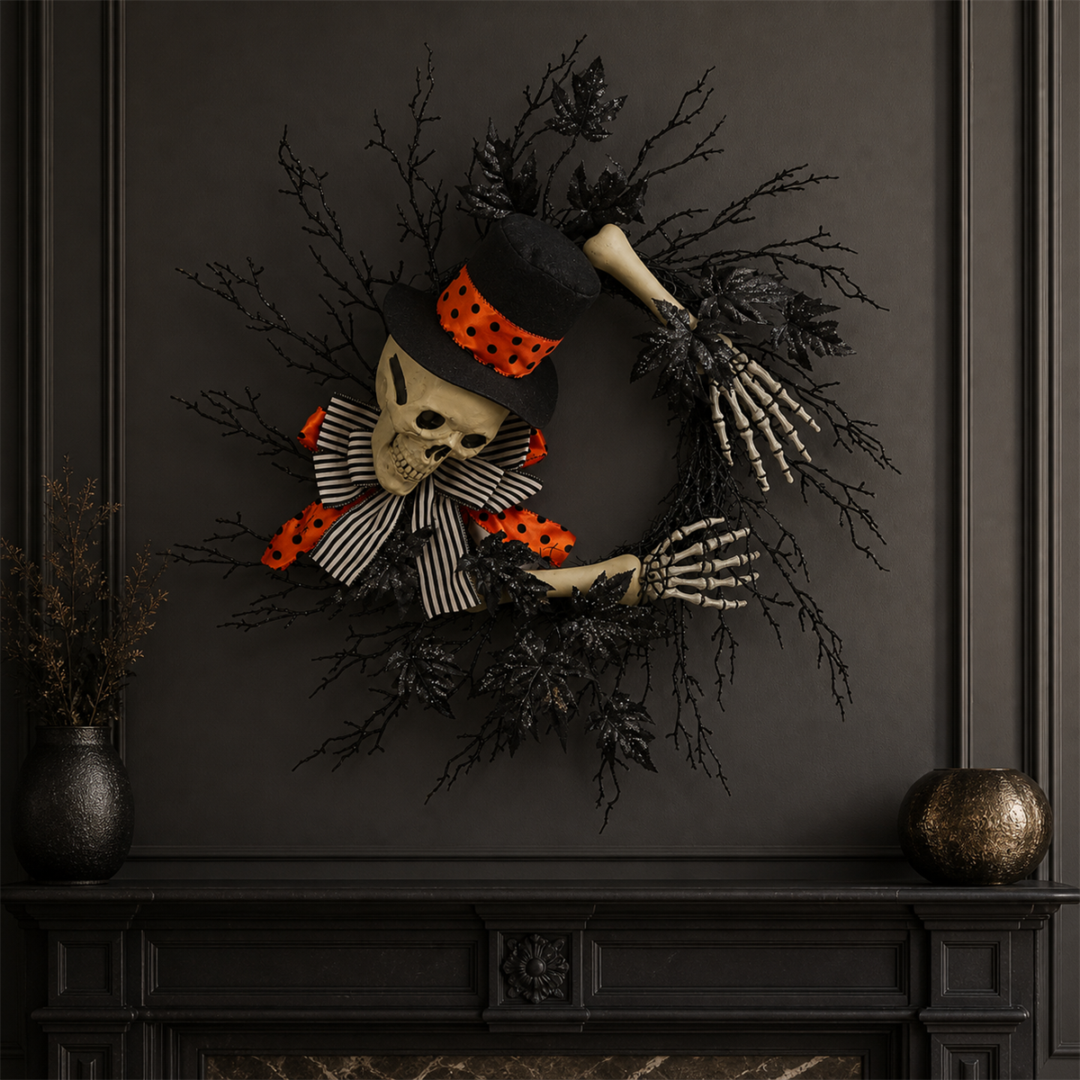 💀 Accueil macabre | Couronne décorative avec squelette élégant