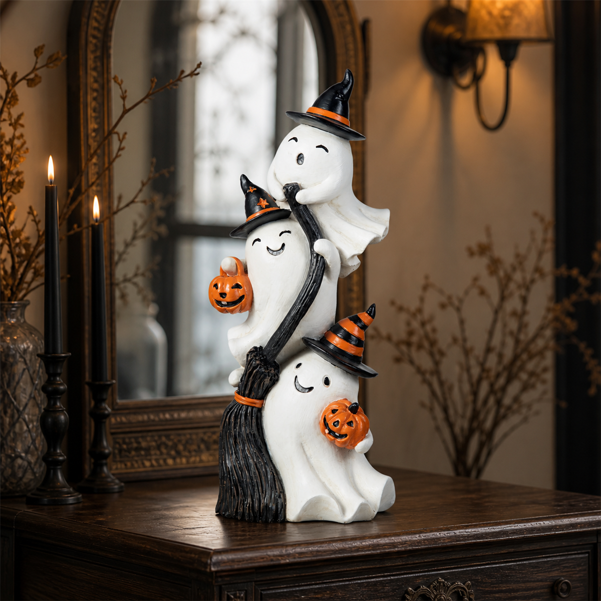 Spécial Halloween – décoration de table avec trois fantômes sorciers empilés, 33 cm