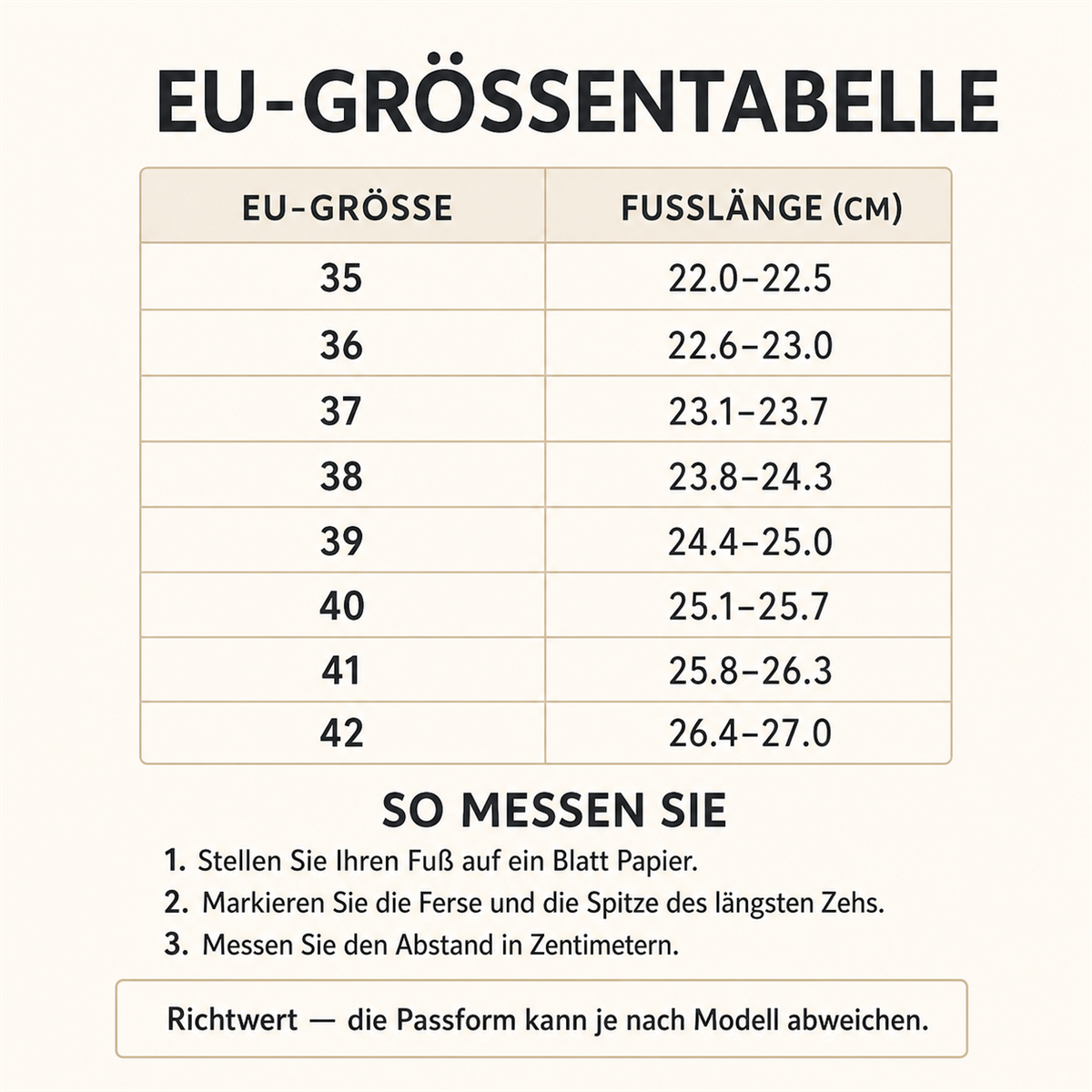 EU-Gr&ouml;&szlig;entabelle 35 bis 42 mit Fu&szlig;l&auml;nge in Zentimetern