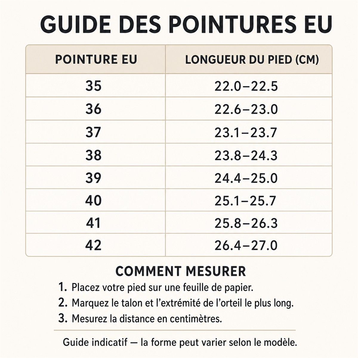 Sandales à semelle liège et bride arrière crème pour femme - EU size guide