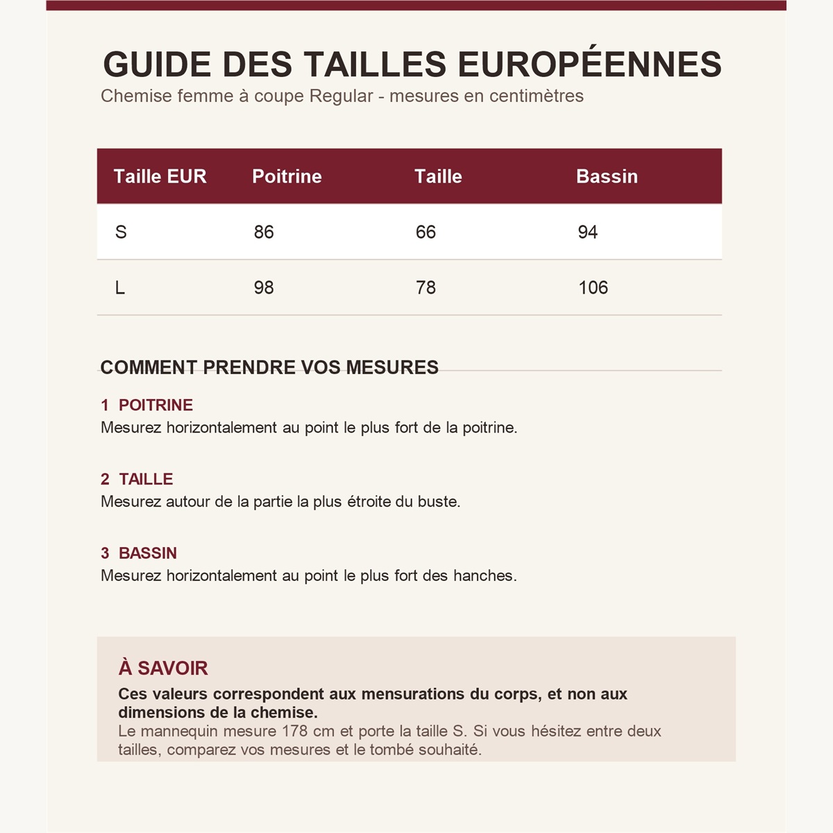 Guide des tailles européennes de la chemise rayée