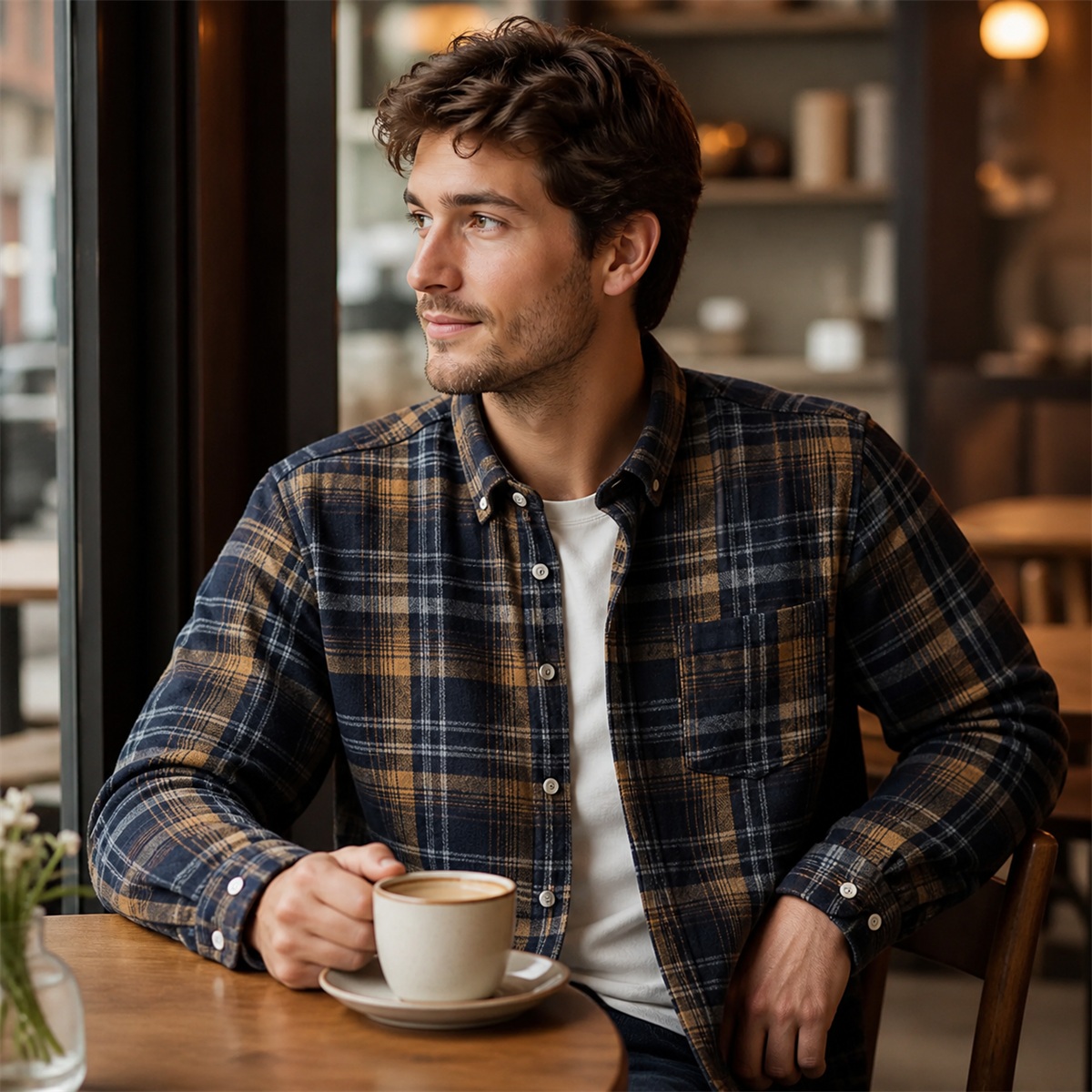 Chemise à carreaux portée dans un café