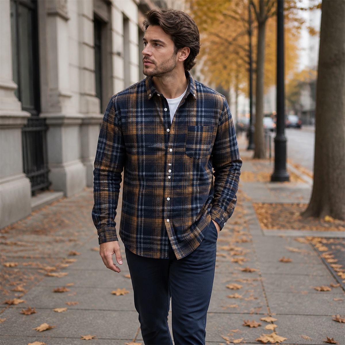 Chemise à carreaux portée dans une rue en automne