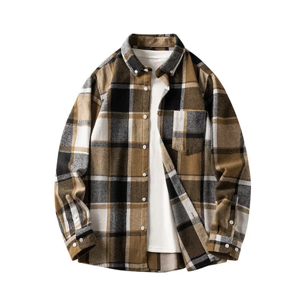 Chemise homme à carreaux camel, noir et écru