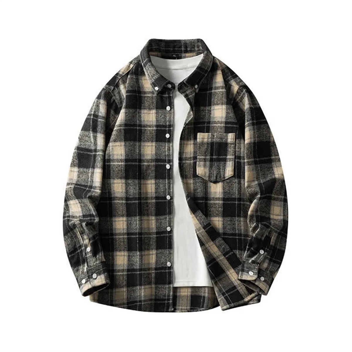 Chemise homme à carreaux noir, gris et beige