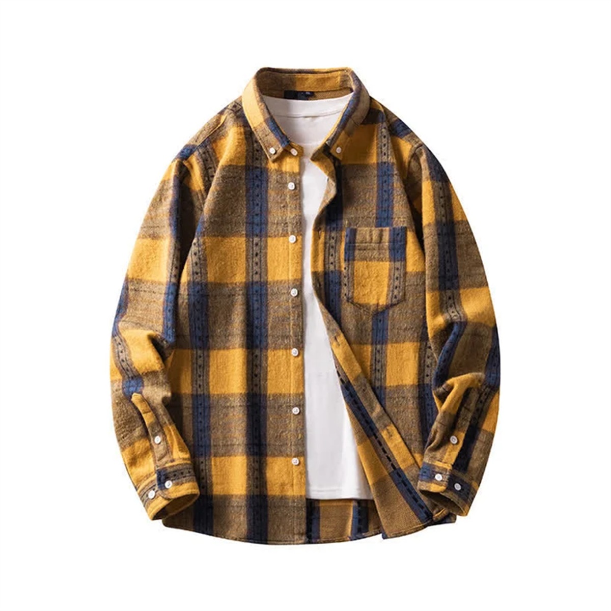 Chemise homme à carreaux moutarde et marine