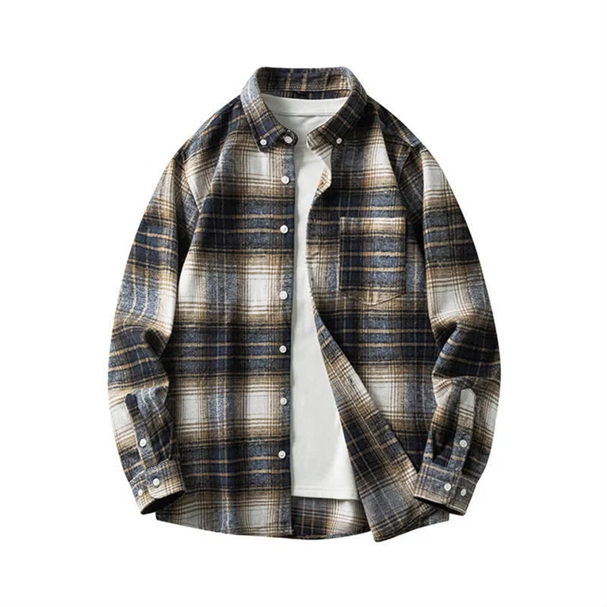 Chemise homme à carreaux écru, marine et camel