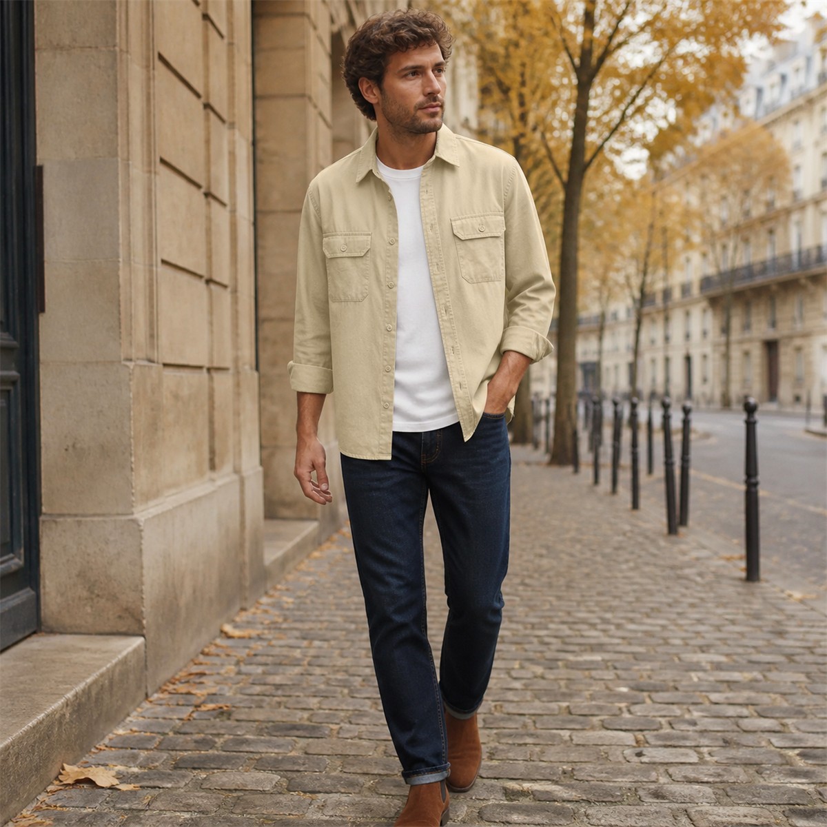 Surchemise beige portée en ville en automne