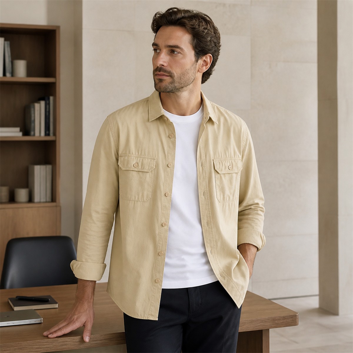 Surchemise beige dans une tenue de bureau décontractée