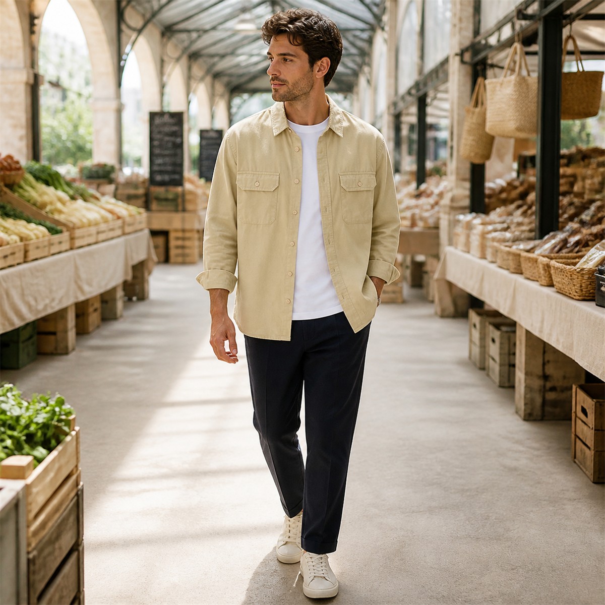 Surchemise beige ouverte sur un tee-shirt blanc