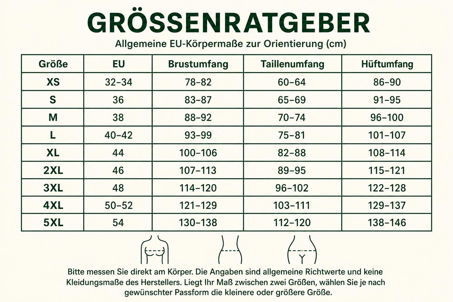 Deutscher EU-Größenratgeber mit Brust-, Taillen- und Hüftumfang für XS bis 5XL