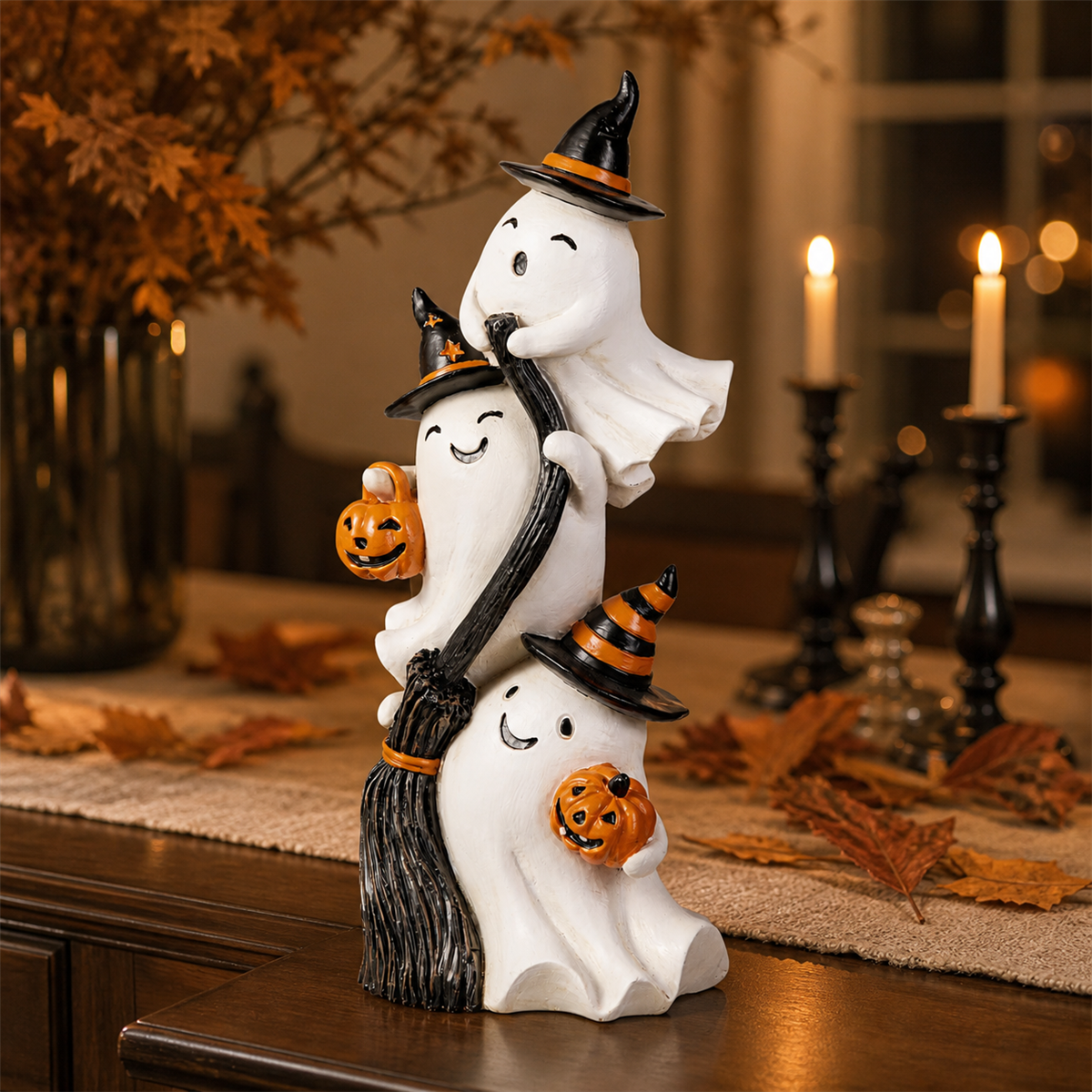 Spécial Halloween – décoration de table avec trois fantômes sorciers empilés, 33 cm