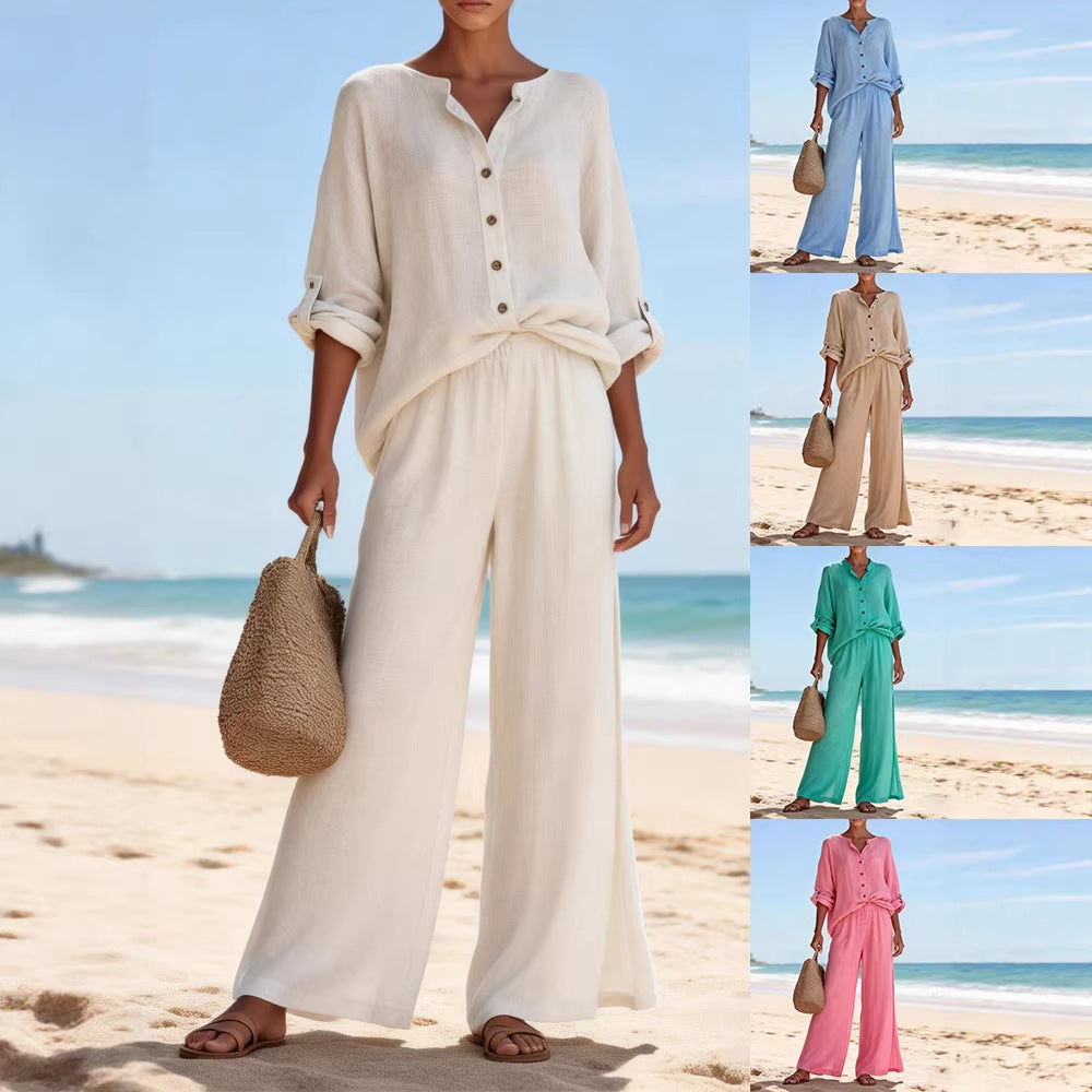 Damen-Freizeit-Set aus Baumwolle, Langarmshirt und Hose mit V-Ausschnitt, erhältlich in verschiedenen Farben