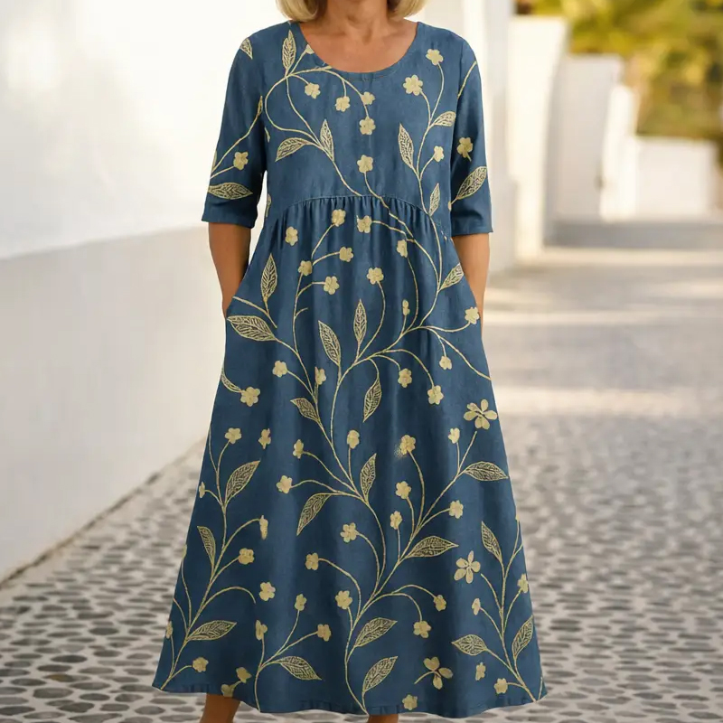 Elegantes, fließendes, mittellanges Leinenkleid mit Blumenmuster
