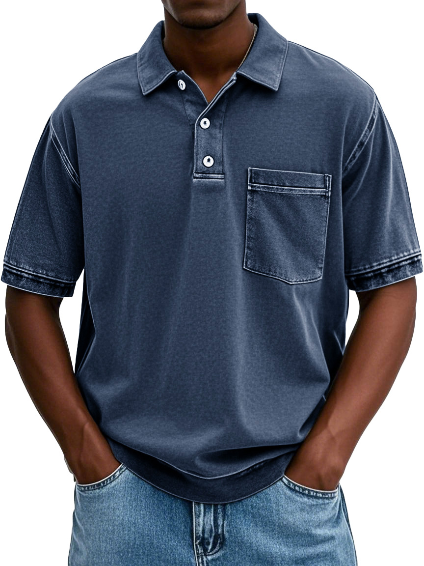 Herren-Poloshirt im Retro-Stil mit Distressed-Revers und kurzärmliger Tasche