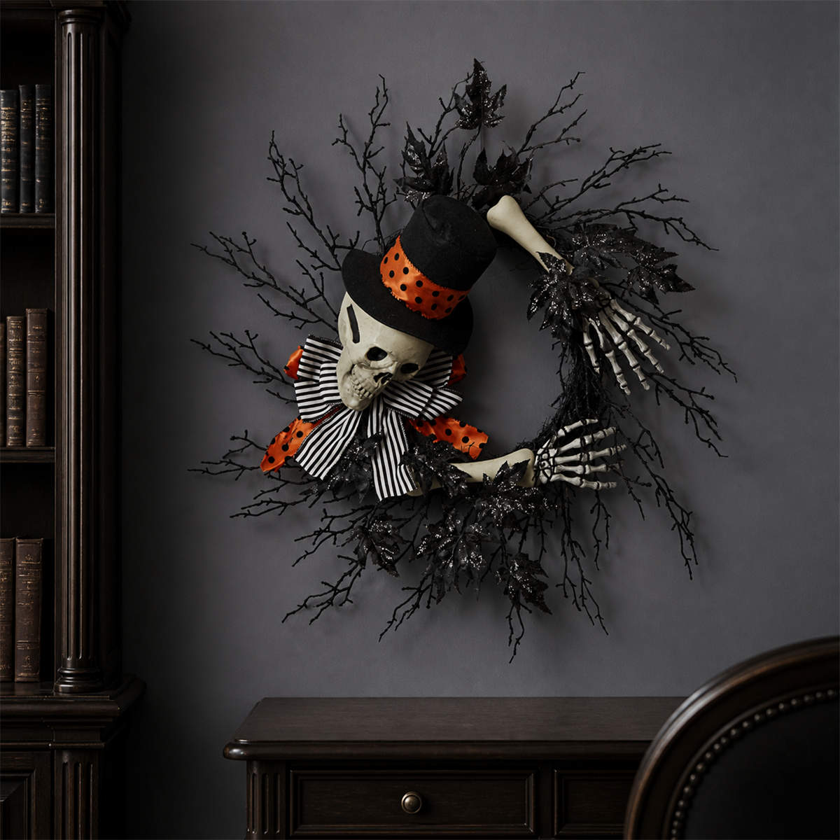 💀 Accueil macabre | Couronne décorative avec squelette élégant