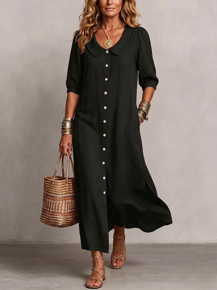 Neu eingetroffen🔥 Damen-Retro-Kleid aus Baumwollleinen mit Peter-Pan-Kragen