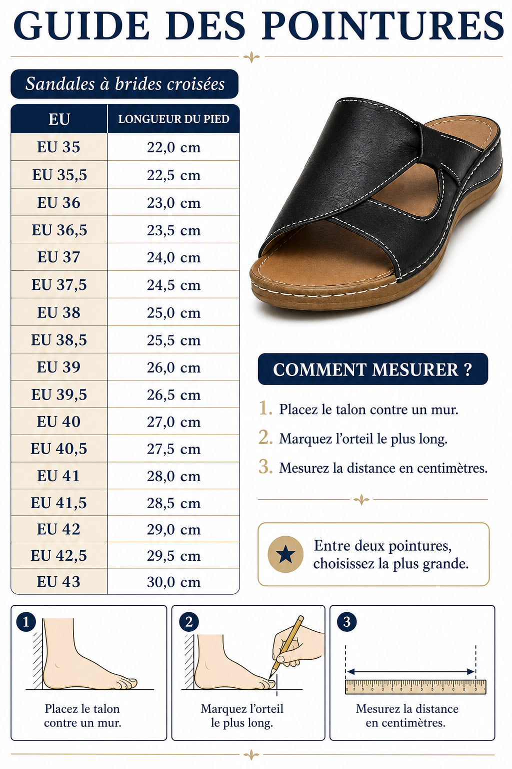 Guide des pointures européennes 35 à 43 pour ces sandales