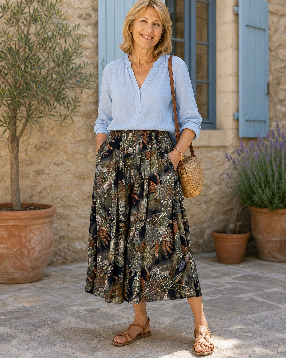 Pantacourt femme motif 3 porté dans une tenue française