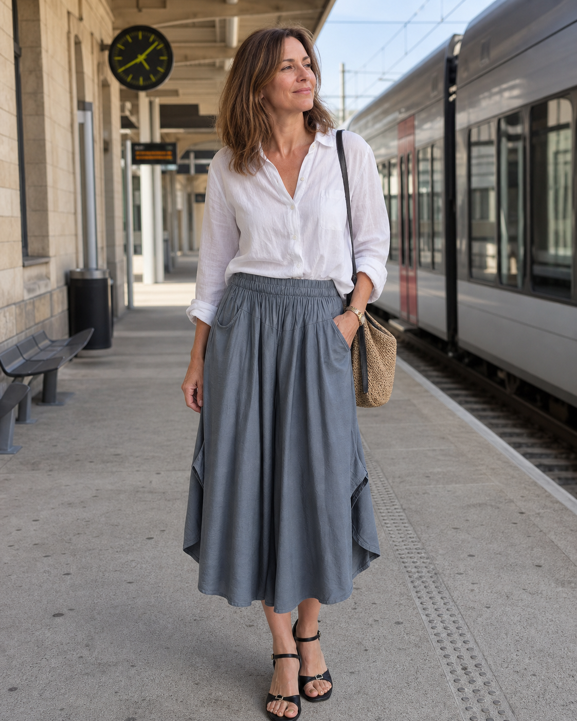 Pantacourt femme motif 6 porté dans une tenue française