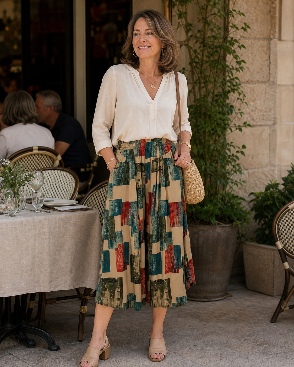 Pantacourt femme motif 5 porté dans une tenue française