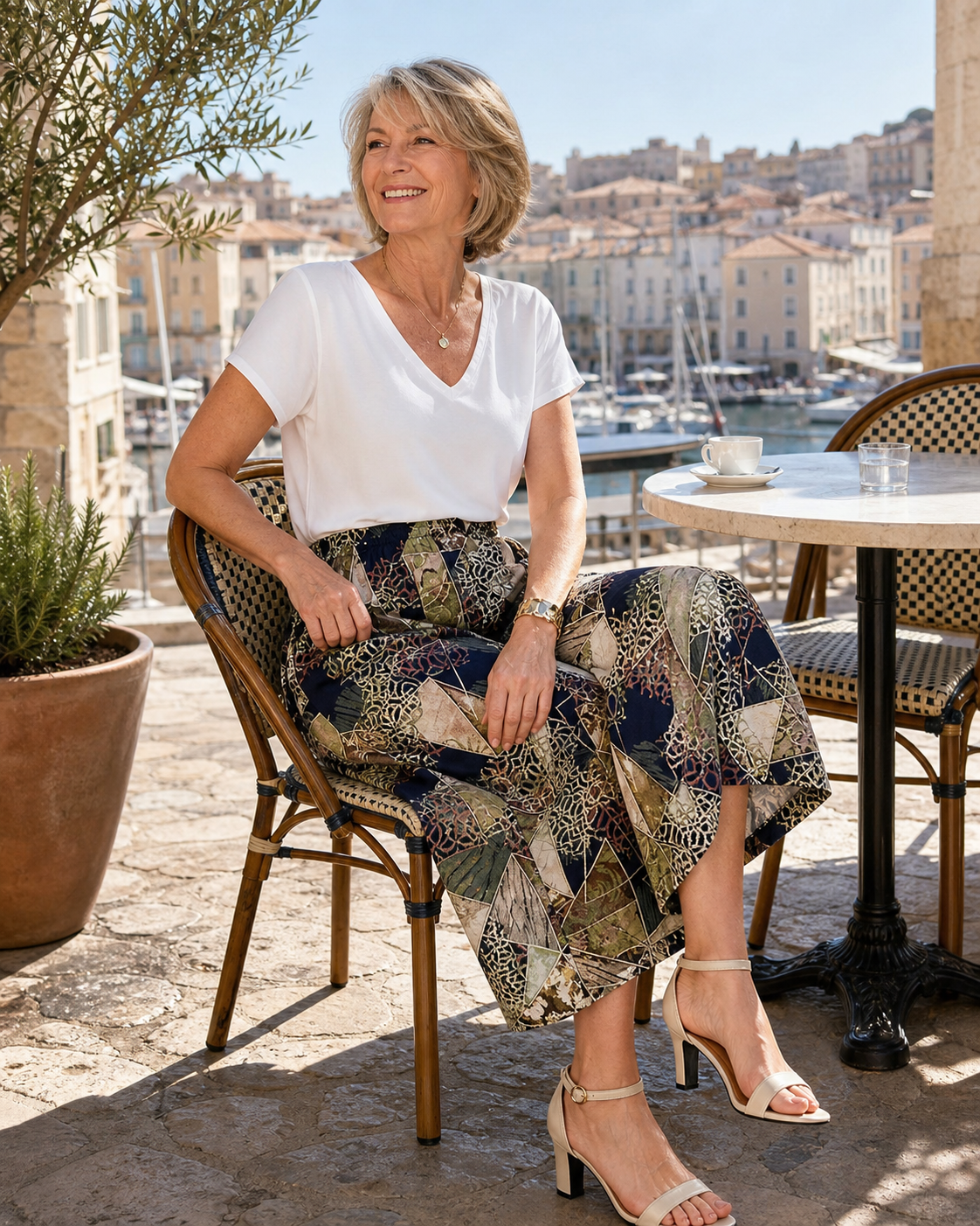Pantacourt femme motif 9 porté dans une tenue française