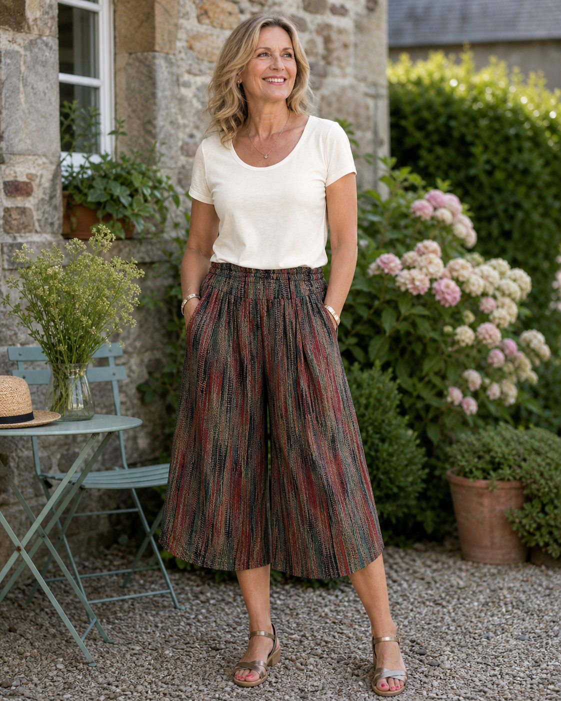 Pantacourt femme motif 11 porté dans une tenue française