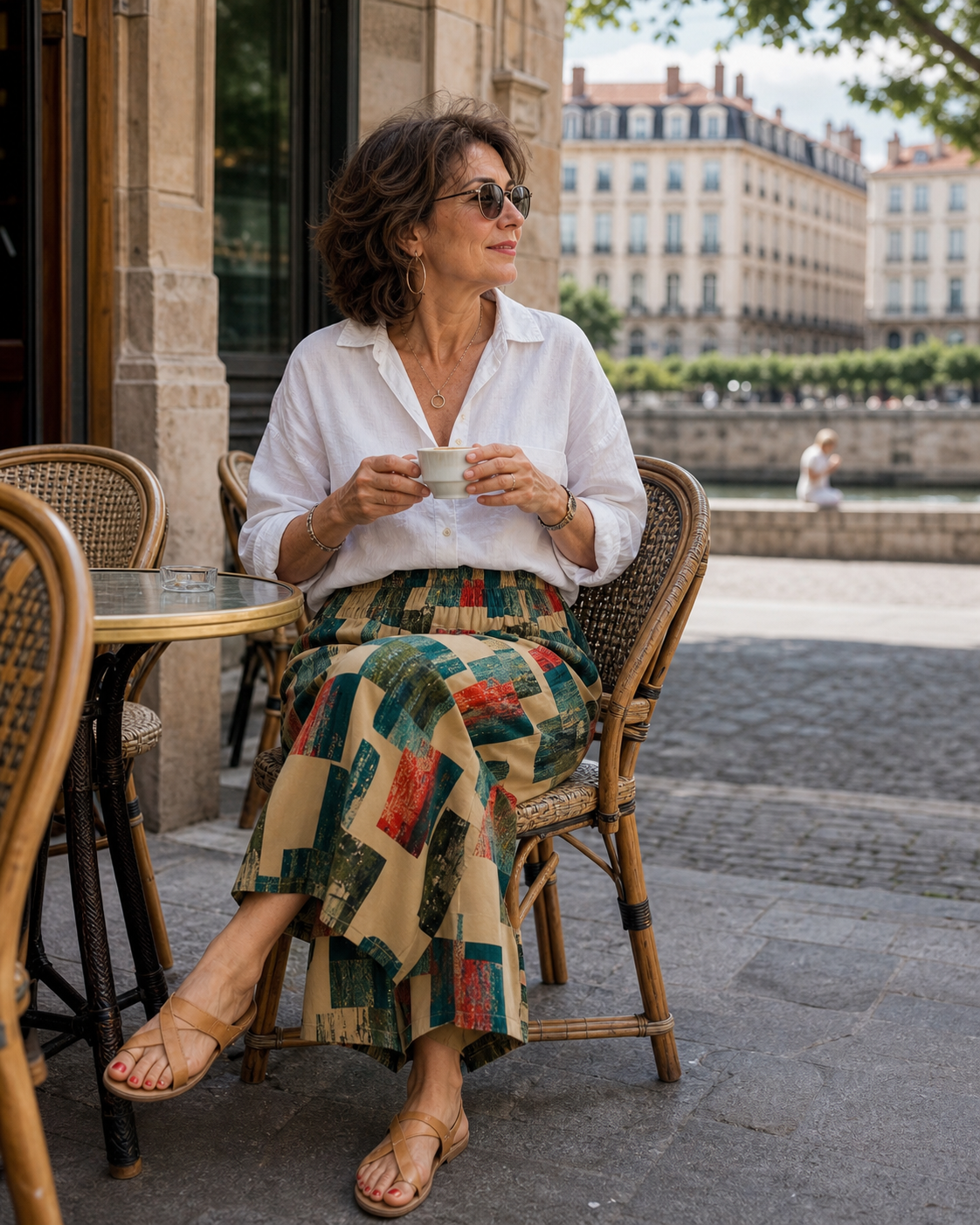 Pantacourt imprimé porté lors d’une pause en terrasse à Lyon