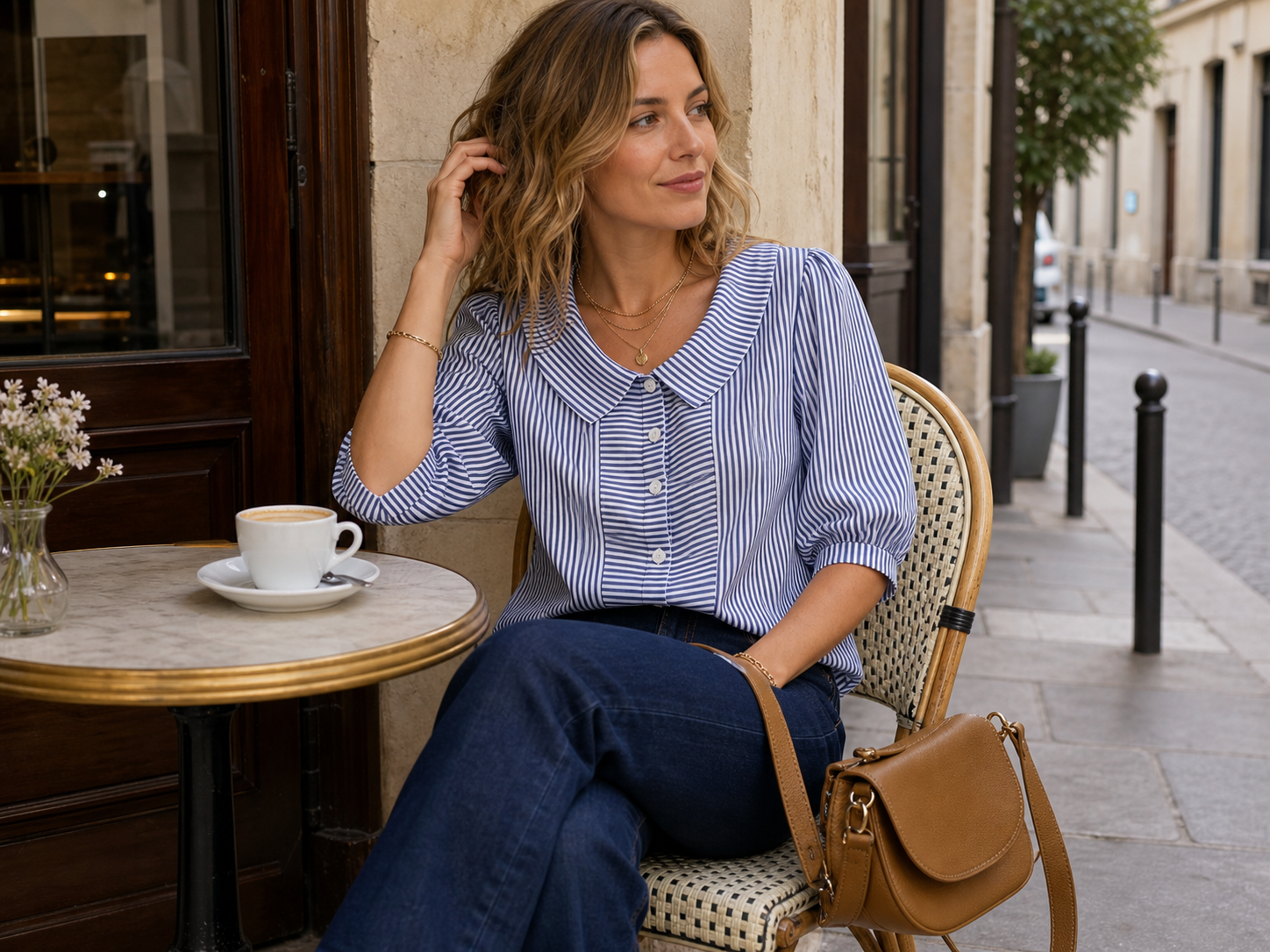 Blouse ray&eacute;e bleu marine port&eacute;e en terrasse avec un jean