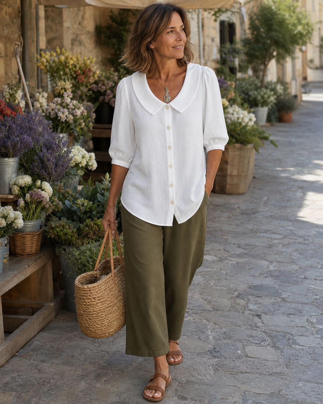 Blouse blanche port&eacute;e au march&eacute; avec un pantalon olive