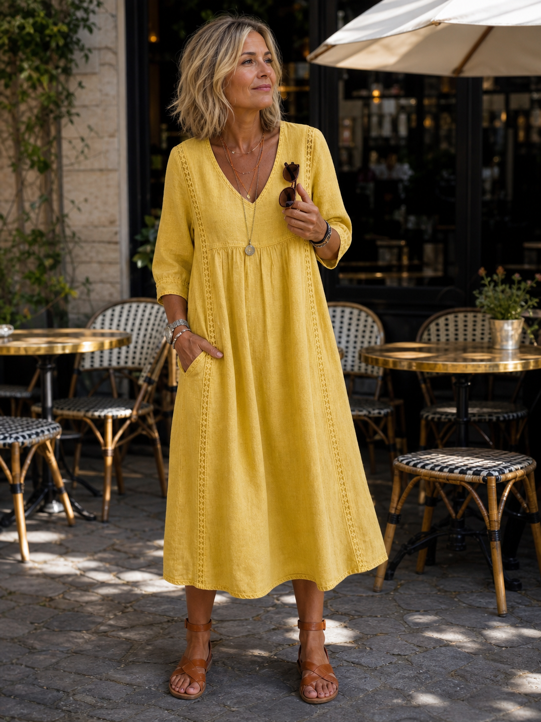 Femme fran&ccedil;aise portant la robe jaune sur une terrasse &agrave; Lyon