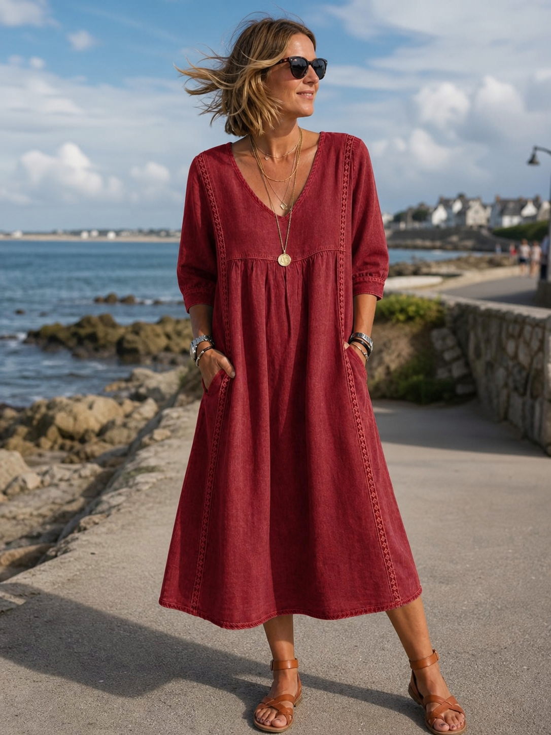 Femme fran&ccedil;aise portant la robe rouge lors d&rsquo;une promenade en Bretagne