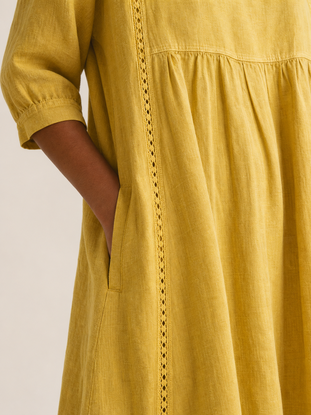 D&eacute;tail de la poche lat&eacute;rale et des fronces de la robe jaune