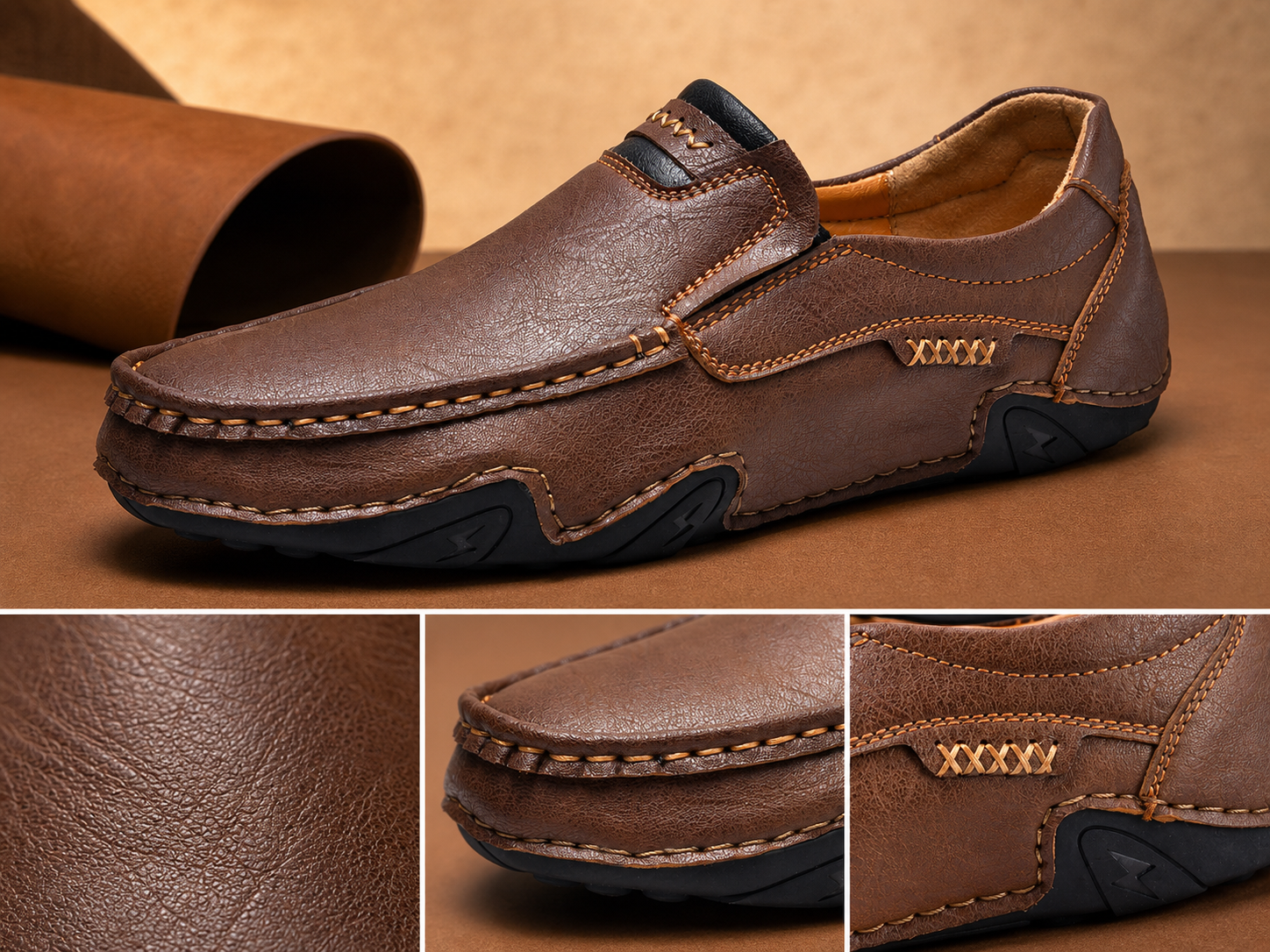 D&eacute;tails du grain du cuir, des coutures et de la semelle du mocassin