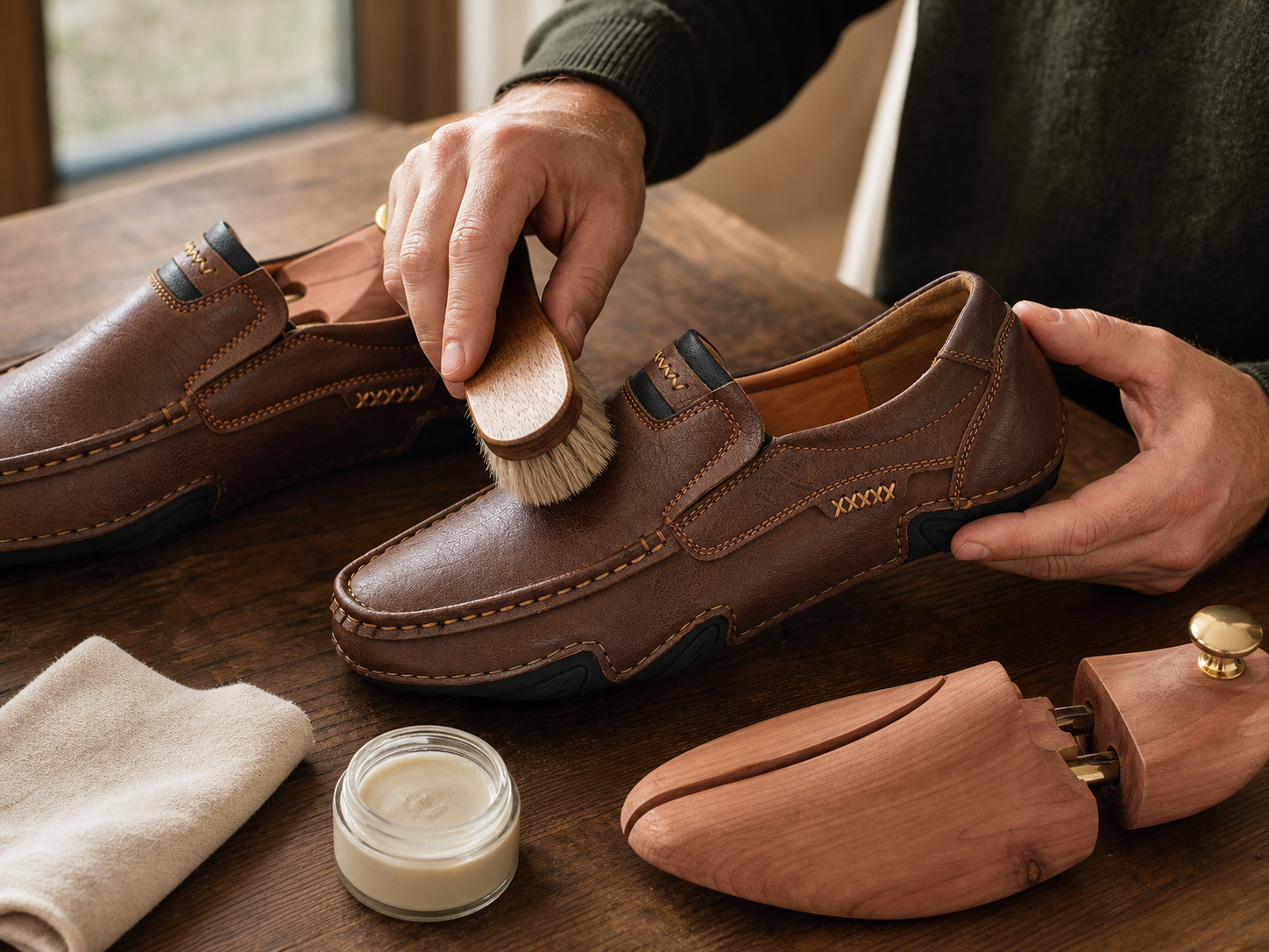 Entretien doux des mocassins en cuir v&eacute;ritable avec une brosse souple