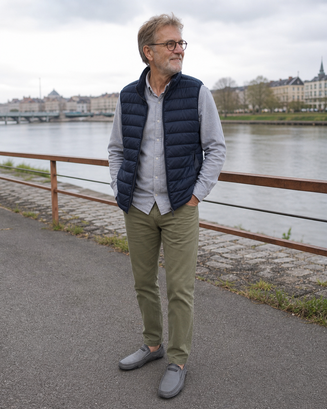 Mocassins gris portés pendant une promenade au bord de l’eau