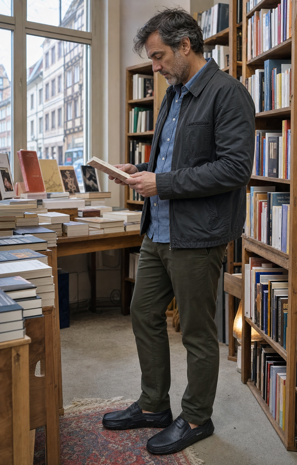 Mocassins noirs portés dans une librairie française
