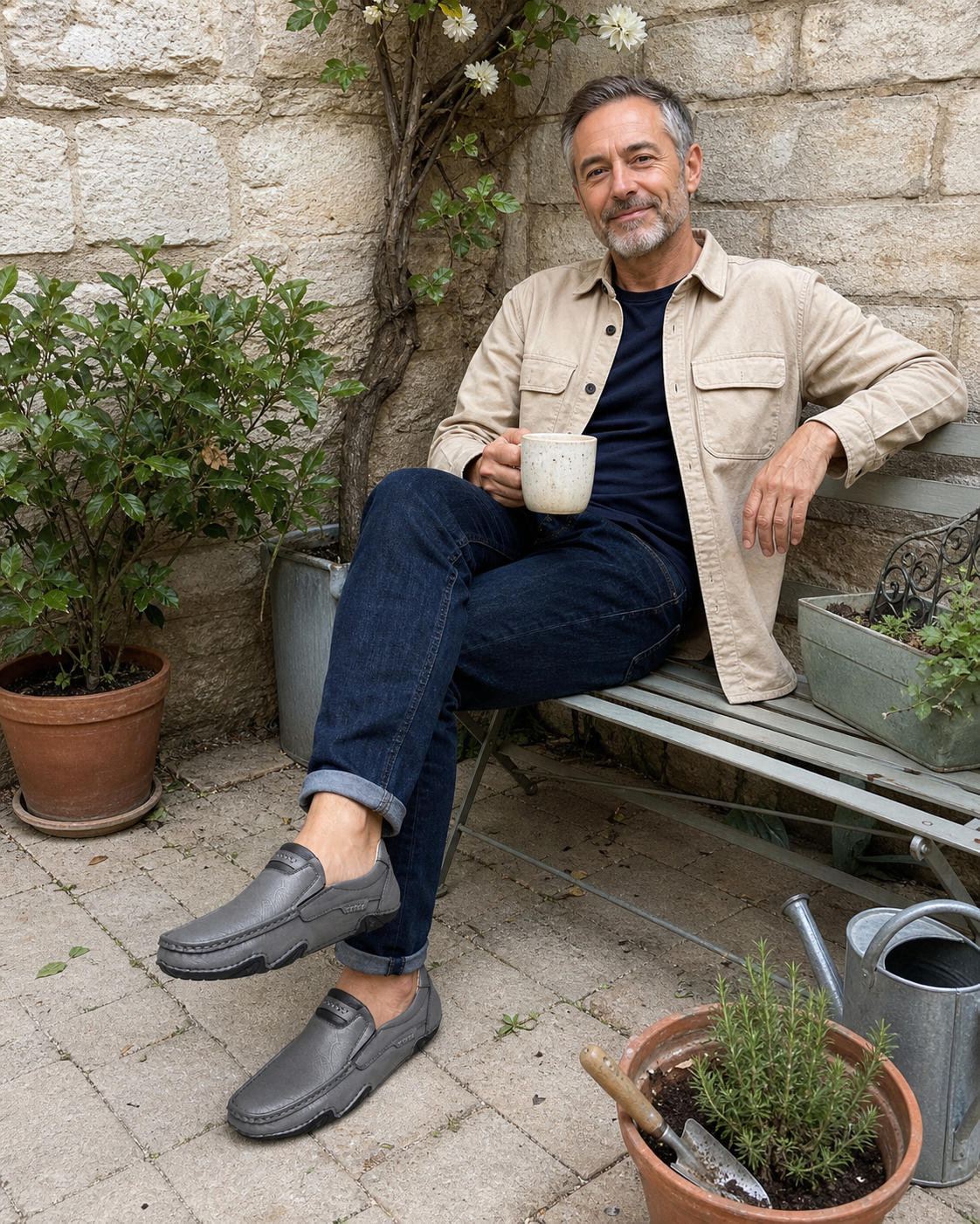 Mocassins gris portés dans un jardin de ville