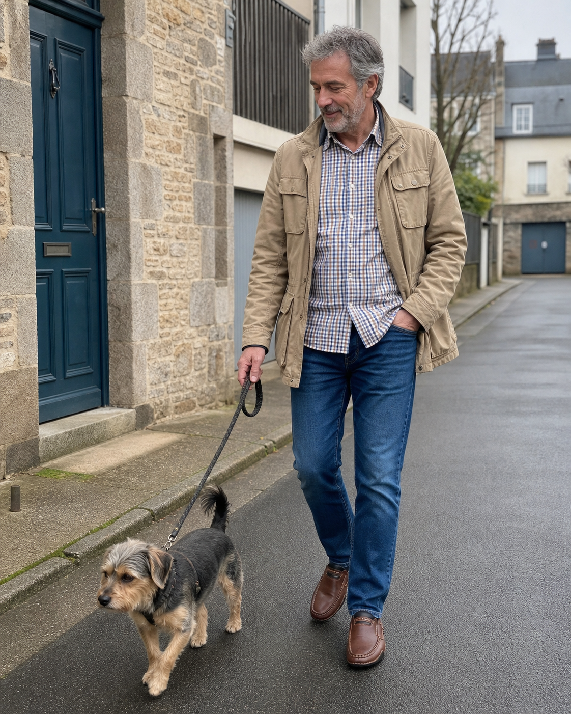 Mocassins marron foncé portés pendant une promenade avec un chien