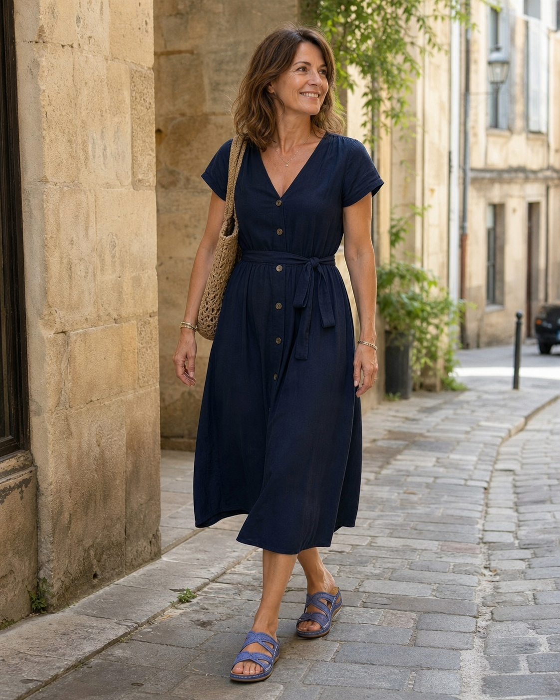 Mujer caminando por una calle con los mules azules de tiras cruzadas