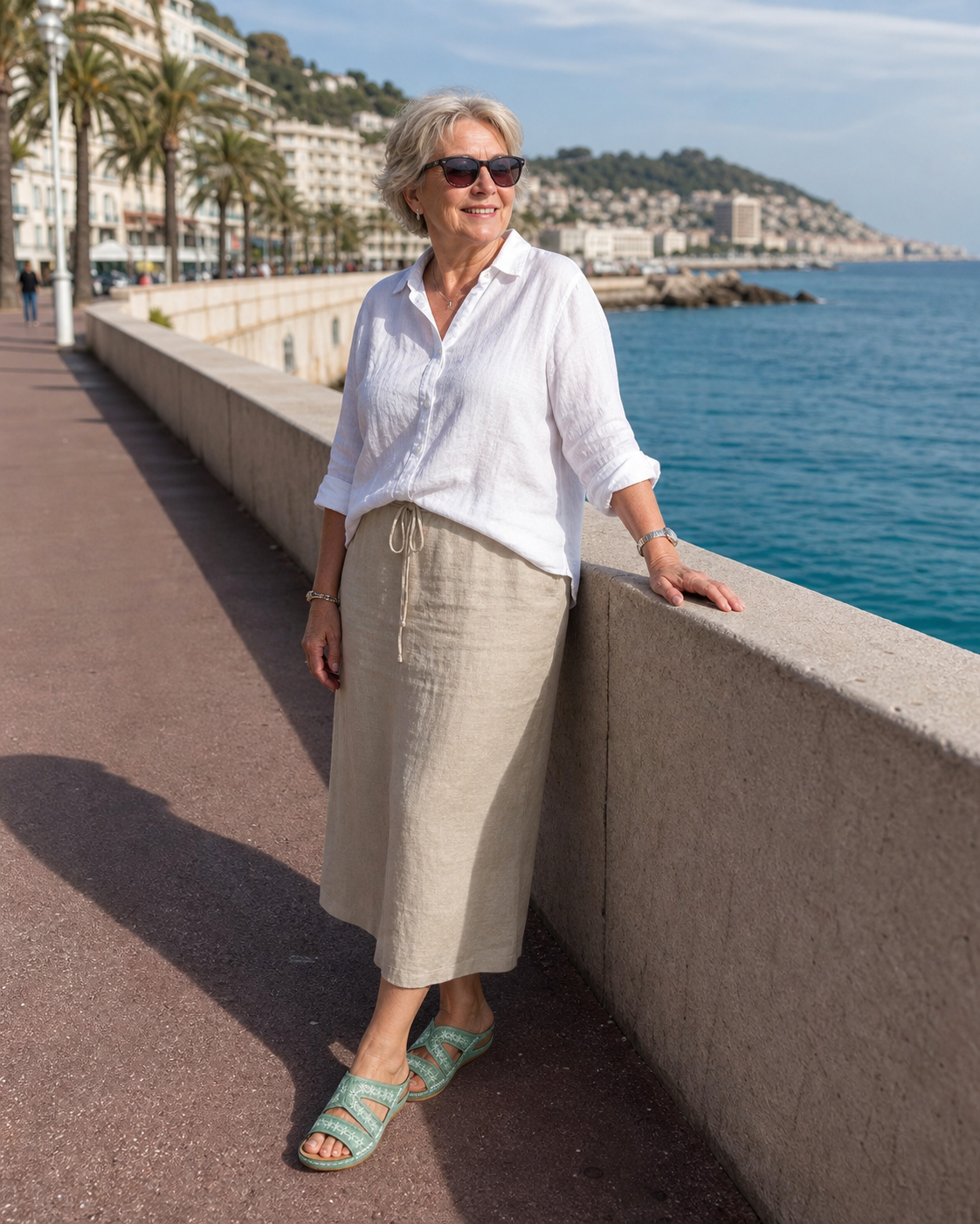 Mujer junto al mar llevando los mules verdes de tiras cruzadas