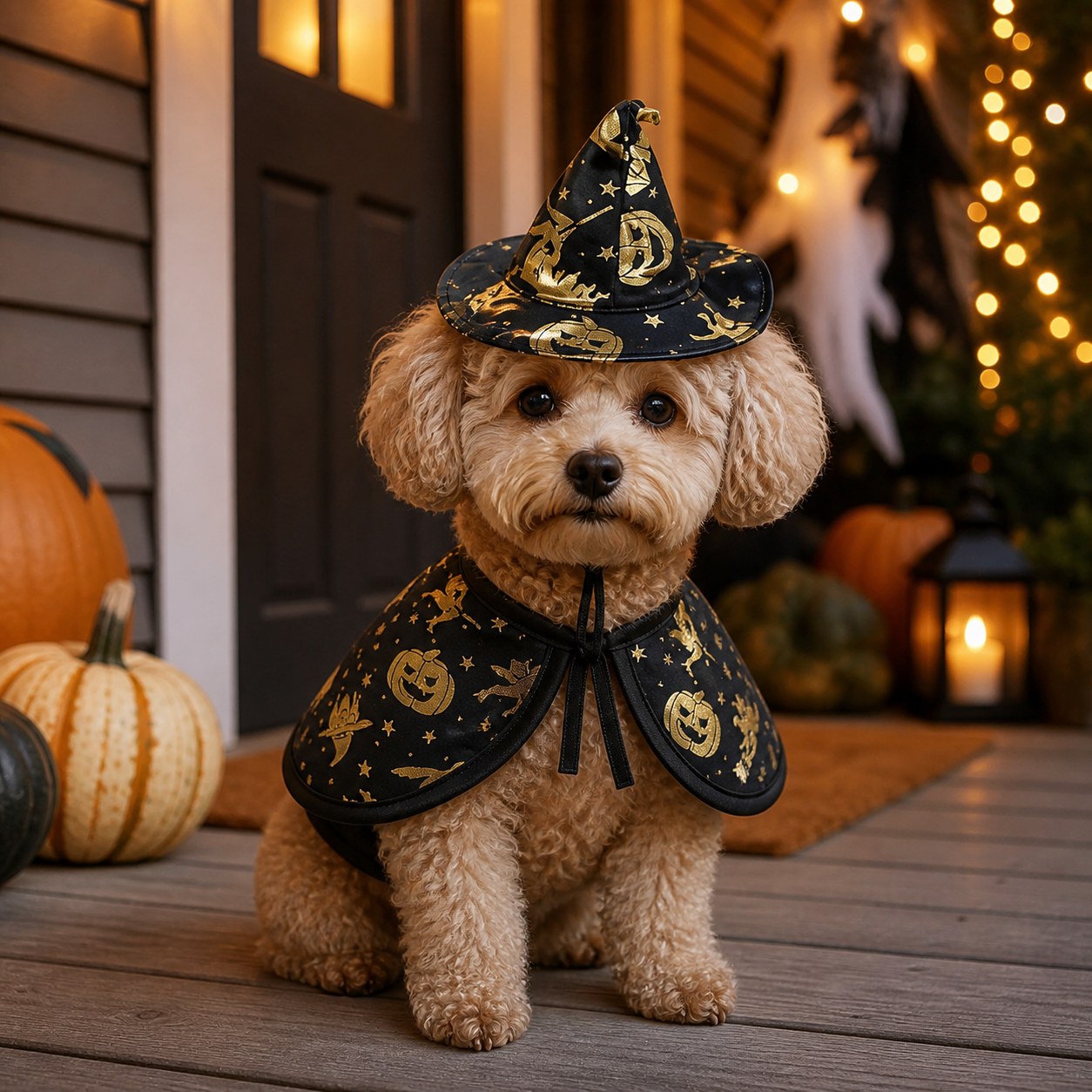 🧙 Style ensorcelant pour animal : cape et chapeau de sorcier noirs et dorés 🎃