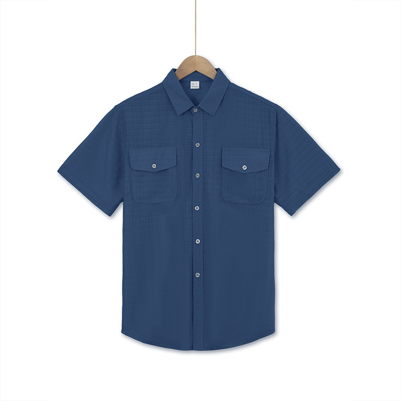 Men's textured short sleeve button-up shirt - Navy Blue