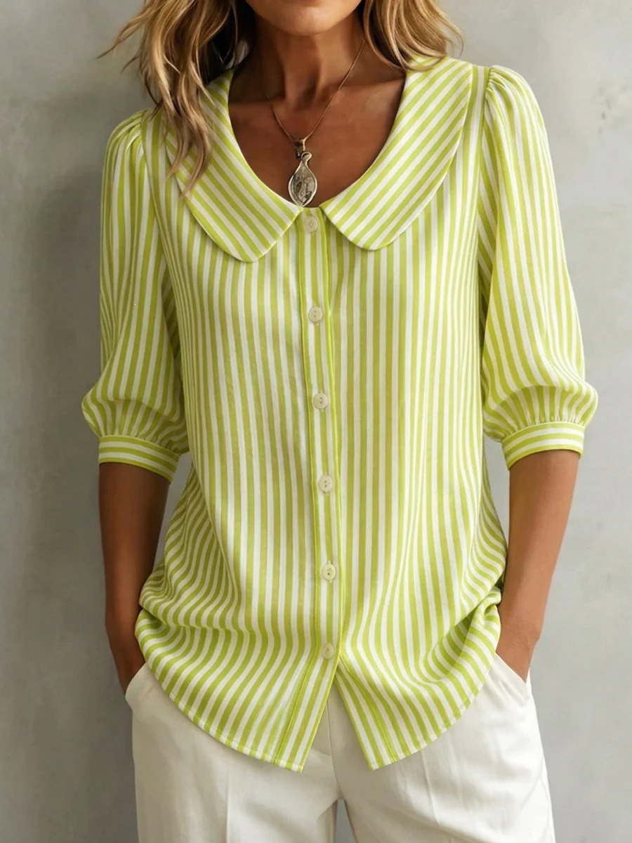 Retro Peter Pan Collar Artistic Striped Cotton-linen Blouse