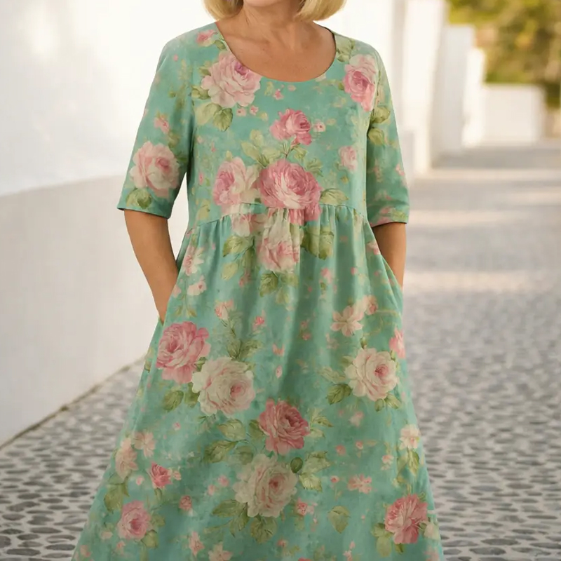 Elegantes, fließendes, mittellanges Leinenkleid mit Blumenmuster
