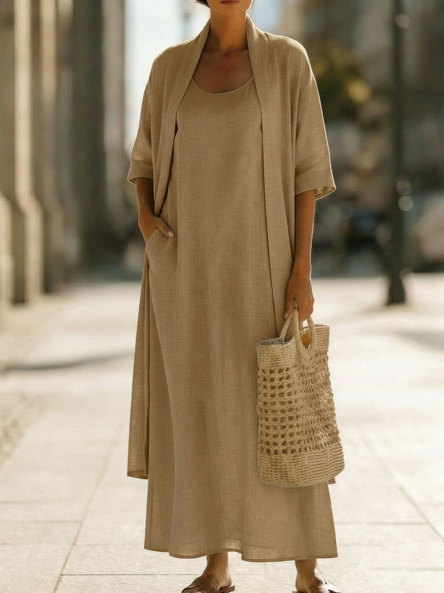 Ensemble femme robe longue et gilet — kaki