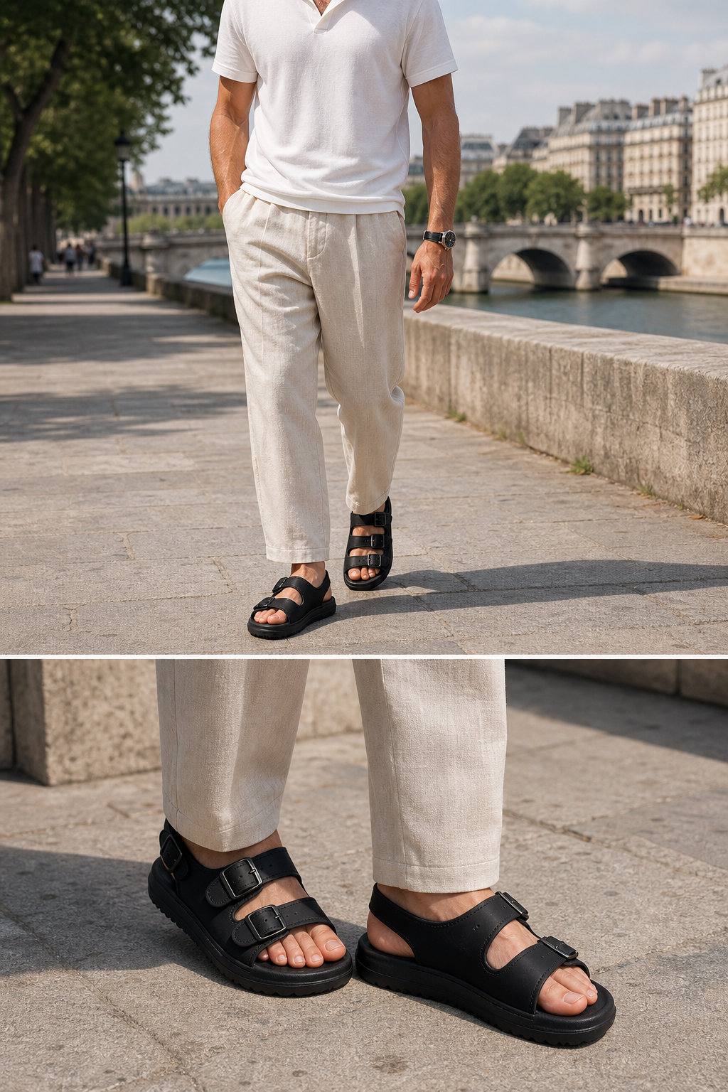 Hombre con sandalias negras caminando por París