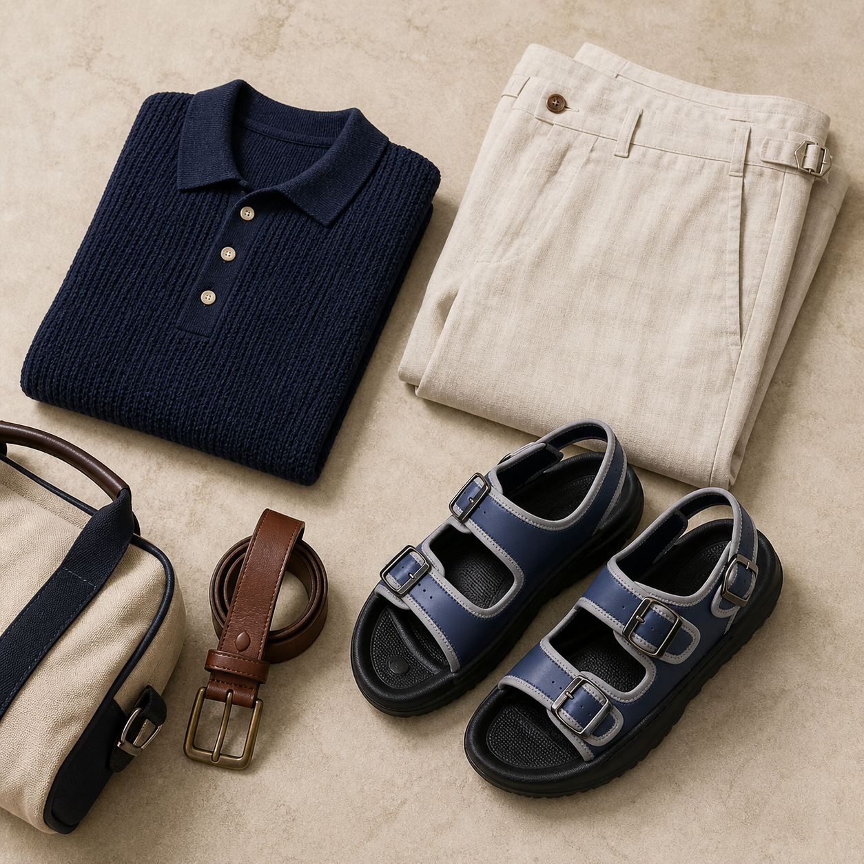 Idea de conjunto masculino con sandalias azul marino
